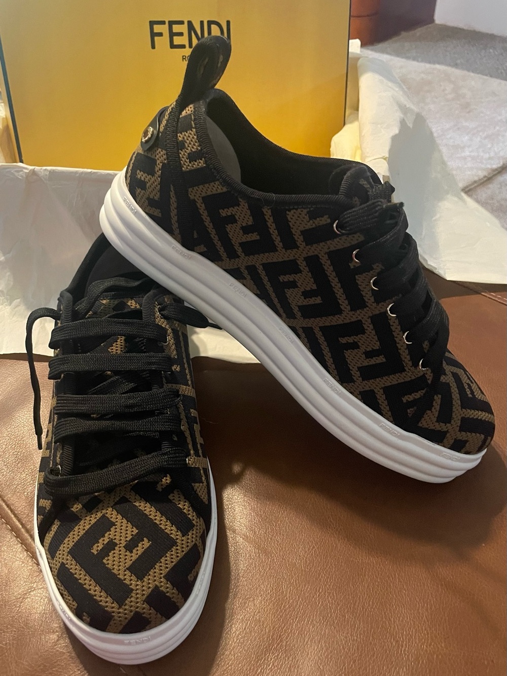 Fendi Brown & Black FF Logo Low-Top Lace-Up Sneakers, NWT paid $1150.00